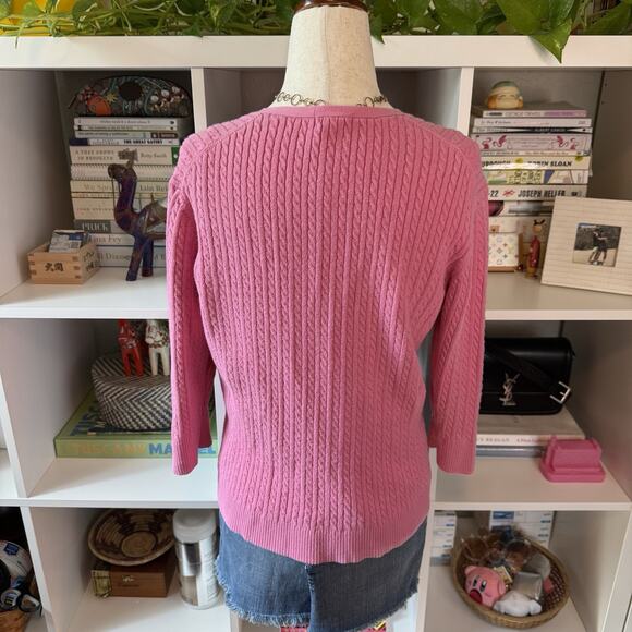 Vintage Old Navy Cable Knit 3/4 Length Sleeve cardigan sweater Wms Pink Sz L - Picture 2 of 11